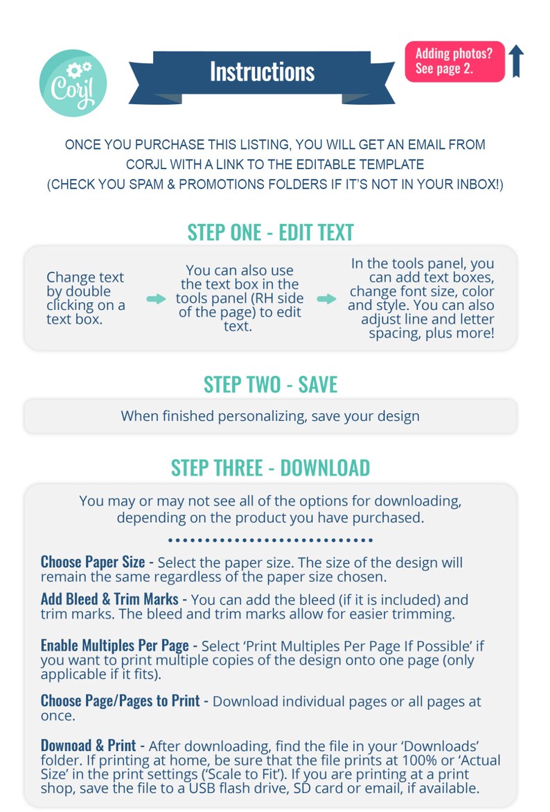 May include: Instructions for using a digital template, with steps for editing text, saving, and downloading. The image features a teal banner with white text and a Corjl logo. Instructions include choosing paper size and adding bleed marks.