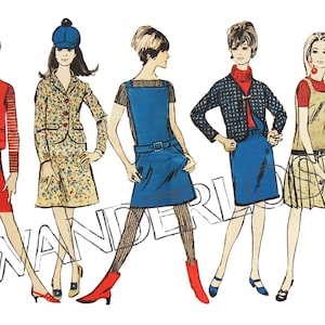 May include: Illustration of five women in vintage fashion. The outfits include dresses, skirts, jackets, and a hat. The color palette features red, blue, yellow, and black. The word "WANDERLUST" is partially visible in the image.