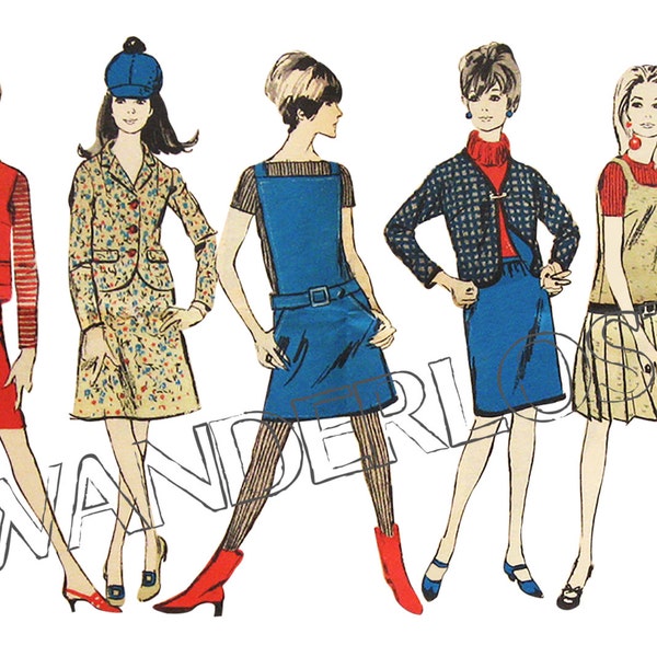 Clip Art 1960's Mod Girls Illustration Dress Pattern Fashion Design Digital