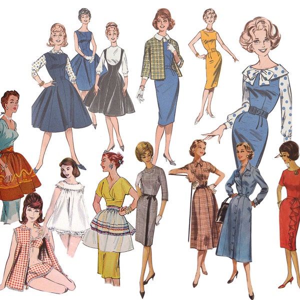 Vintage 1960's Illustrated Pattern Girls Clip Art 3 Files with White Background High Resolution