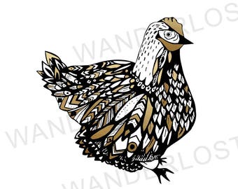 Instant Download Digital Art Chicken Drawing Boho Gold Leaves Outline Black and White