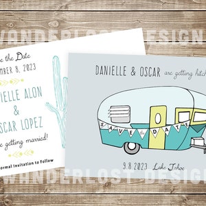 May include: Two wedding announcement cards. One card says "Save the Date" with the date September 8, 2023, and the names Danielle Alon & Oscar Lopez. The other card has a teal camper illustration and says "Danielle & Oscar are getting hitched!"
