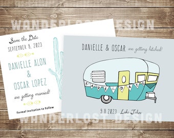 Getting Hitched Vintage Camper Save the Date Customizable Postcard // Corijl Custom Wedding Announcement Party // 5x7 Digital Design Only