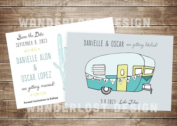 Getting Hitched Vintage Camper Save the Date Customizable Postcard // Corijl Custom Wedding Announcement Party // 5x7 Digital Design Only