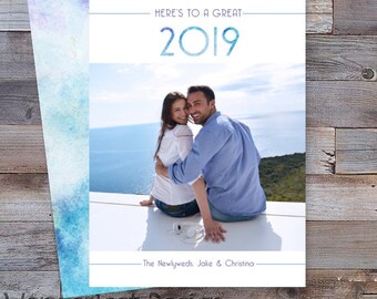 Custom New Year's 2020 Greeting Card Photo Watercolor Blue and Purple with Back 5x7 Postcard Modern Art Deco