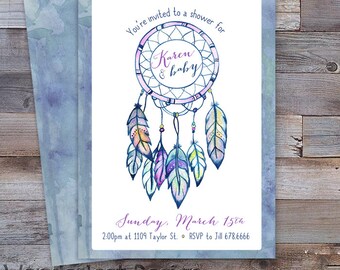 May include: A watercolor invitation for a baby shower. The design features a dreamcatcher with colorful feathers and the text "You're invited to a shower for Karen & baby." The invitation includes the date, time, and RSVP information. The background has a watercolor wash.