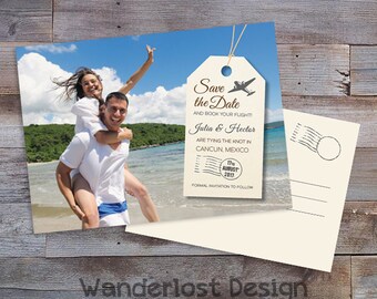 5x7" Custom Save the Date Card Postcard Destination Wedding Luggage Tag Photo with Back