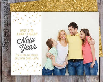 Custom New Year 2020 Card with Photo Confetti Gold Glitter Back 5x7 Postcard size