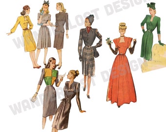 1940's Women Fashion Illustrations- Clip Art Transparent Background Digital Download PNG Files Hi-Resolution