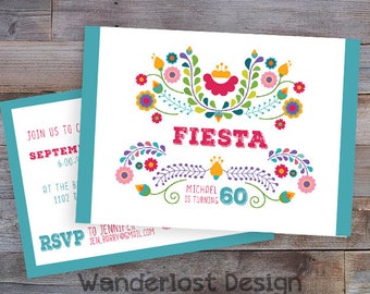 Custom Party Invite Template Card // Birthday Party Fiesta Postcard // Colorful Mexican Art