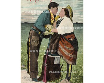 Vintage Victorian 1909 Valentine Postcard Image Digital Scan Cowboy Cowgirl Love Clip Art