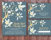 Dark Blue and Gold Cherry Blossom Wedding Invitation Set, RSVP Card, Details Card, Custom Digital Printable