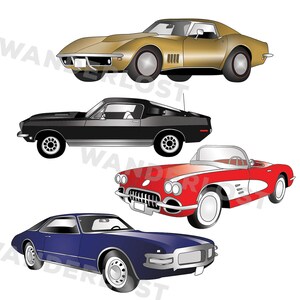 May include: Illustration of four classic cars in gold, black, red, and blue. The cars are a coupe, a convertible, and two other vintage models. The image is a digital drawing with a white background.