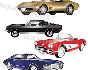 Immediate Download Clip Art Vintage Muscle Cars Color and Black and White Outline