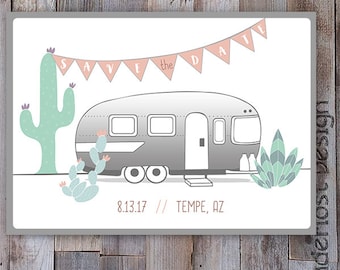 Custom Save the Date Card Invitation Party Airstream Camper Illustration Cactus Desert