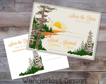 Custom 5x7 Save the Date Postcard Party Wedding Invite Announcement Retro Mountains Camping Nature Sunset
