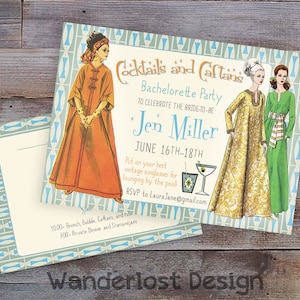 May include: A vintage-style invitation for a bachelorette party with the theme "Cocktails and Caftans." The invitation features illustrations of women in caftans, with text including the bride's name, date, and RSVP information. The design includes a blue and white geometric pattern.