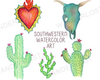 Southwest Watercolor Clip Art Cactus Skull Mexican Heart Digital Download