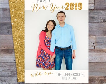 Custom Photo New Year's 2019 Card 5x7" Postcard Gold Glitter Classic Clean Modern
