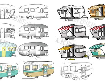 Vintage Campers Airstream Shasta Trailer Clip Art Vector Graphic PNG Black and White and Color Variations Instant Download
