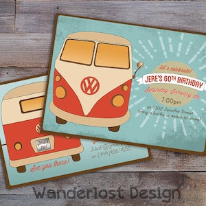 Custom Birthday Party Einladung Ankündigung VW Van Camper Retro Vintage Groovy