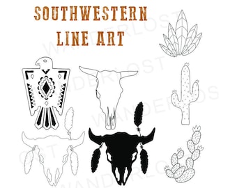 Instant Download Southwestern Line Art Clip Art Cactus Skull Eagle Designs