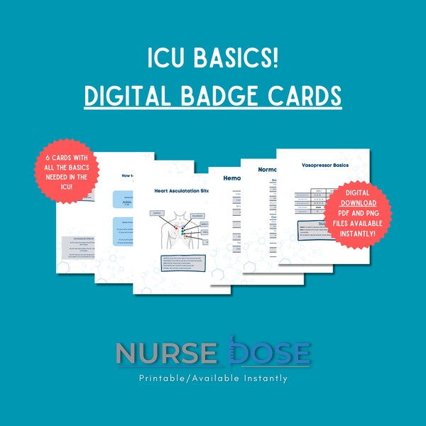 ICU Nursing Basics Spickzettel | Digitale Referenz Karten | Herzabzeichen Buddy