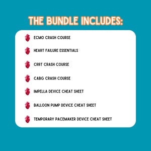 Pu&ograve; includere: Una grafica con un'icona di cuore rosso e un elenco di corsi e schede di riferimento medici. I corsi includono ECMO Crash Course, Heart Failure Essentials, CRRT Crash Course, CABG Crash Course. Le schede di riferimento includono Impella Device Cheat Sheet, Balloon Pump Device Cheat Sheet e Temporary Pacemaker Device Cheat Sheet.