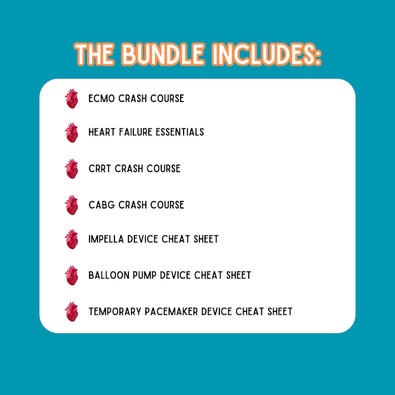 Pu&ograve; includere: Una grafica con un'icona di cuore rosso e un elenco di corsi e schede di riferimento medici. I corsi includono ECMO Crash Course, Heart Failure Essentials, CRRT Crash Course, CABG Crash Course. Le schede di riferimento includono Impella Device Cheat Sheet, Balloon Pump Device Cheat Sheet e Temporary Pacemaker Device Cheat Sheet.