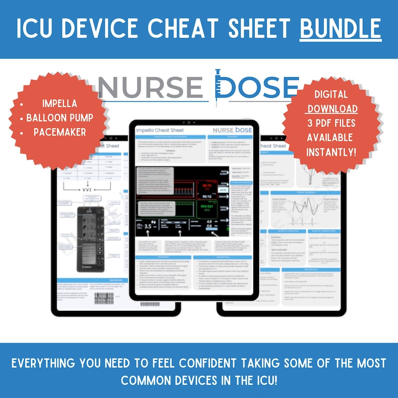Pu&ograve; includere: Un pacchetto di download digitale di tre cheat sheet per dispositivi di terapia intensiva. Le cheat sheet sono intitolate "Impella Cheat Sheet", "NURSE DOSE" e "Heat Sheet". Il pacchetto include informazioni su Impella, pompe a palloncino e pacemaker. Il testo "ICU DEVICE CHEAT SHEET BUNDLE" &egrave; nella parte superiore dell'immagine. Il testo "NURSE DOSE" &egrave; in un design di siringa rosso e bianco. Il testo "DOWNLOAD DIGITALE 3 FILE PDF DISPONIBILI ISTANTANEAMENTE!" &egrave; in un cerchio rosso.