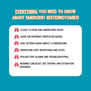 Pu&ograve; includere: Un grafico turchese con il testo "EVERYTHING YOU NEED TO KNOW ABOUT EMERGENT RESTERNOTOMIES!" in arancione. Il grafico elenca argomenti come modalit&agrave; di ventilazione, impostazioni, forme d'onda, allarmi e preparazione all'estubazione.