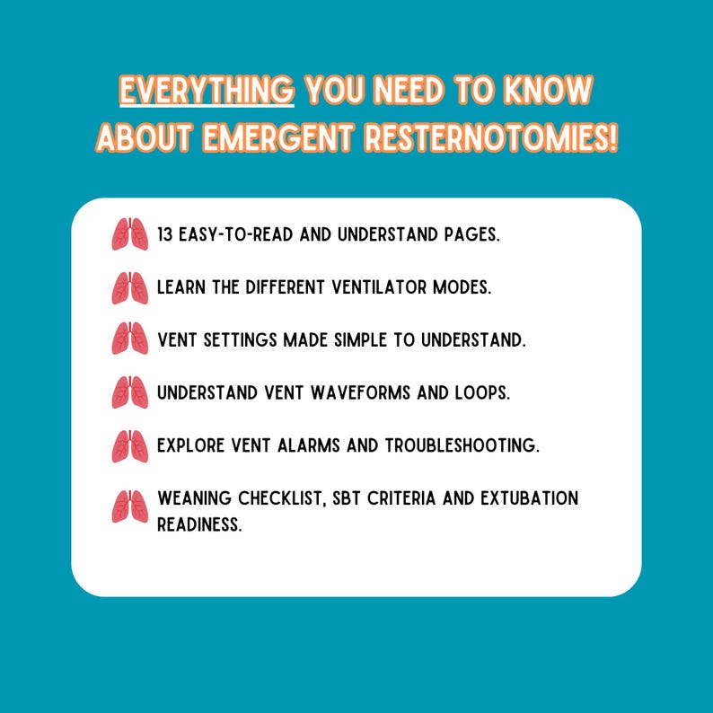 Pu&ograve; includere: Un grafico turchese con il testo "EVERYTHING YOU NEED TO KNOW ABOUT EMERGENT RESTERNOTOMIES!" in arancione. Il grafico elenca argomenti come modalit&agrave; di ventilazione, impostazioni, forme d'onda, allarmi e preparazione all'estubazione.
