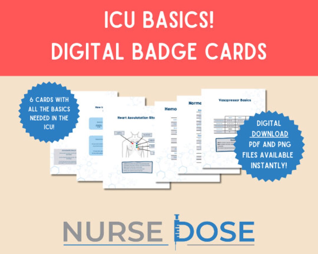 Icu Nursing Basics Cheat Sheets Digital Reference Badge Etsy