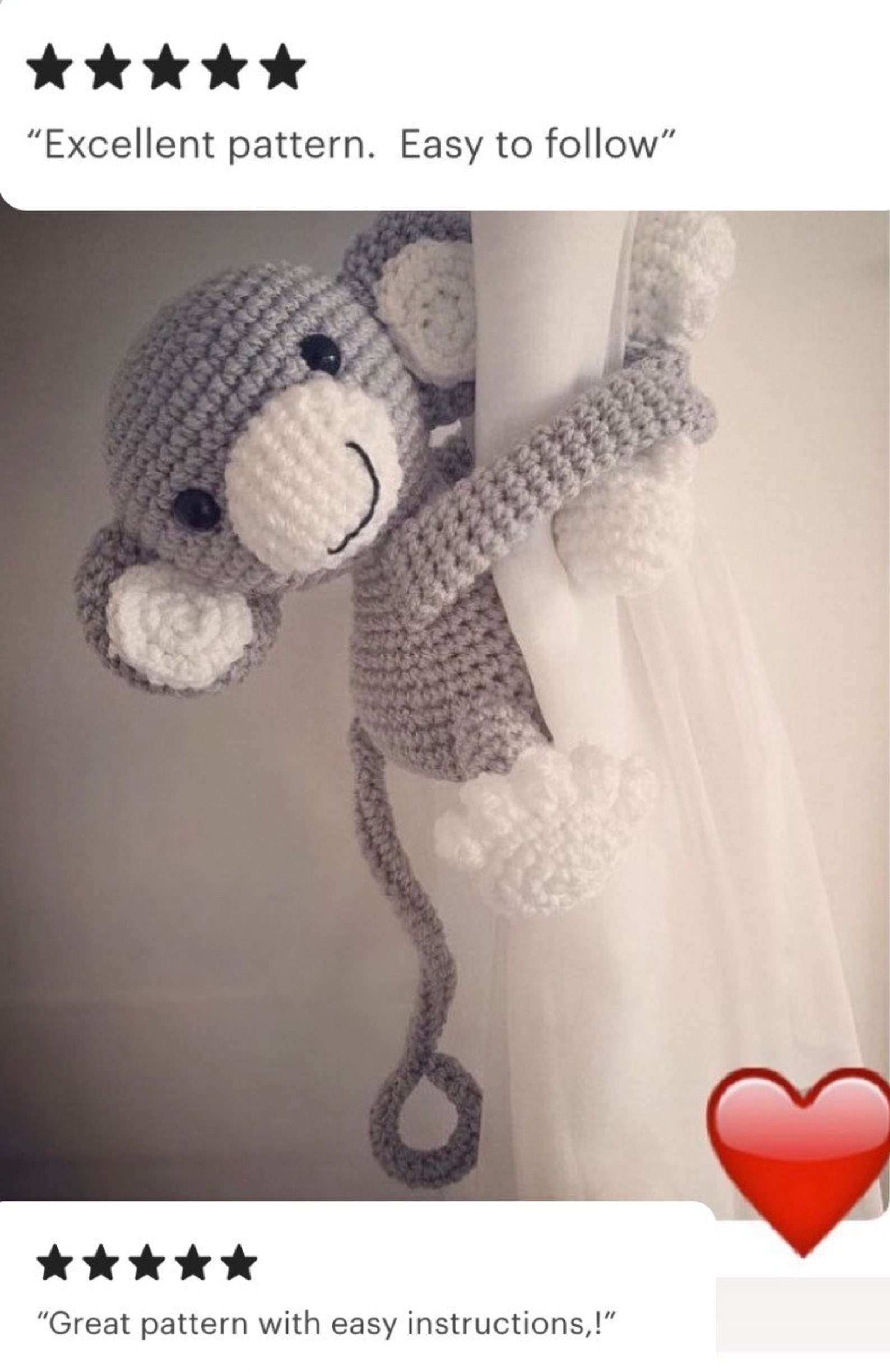 Monkey Curtain Tie Back Crochet PATTERN Tieback Left or Etsy