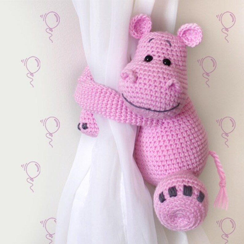 Hippo curtain tie back crochet PATTERN, tieback, left or right side crochet pattern PDF instant download amigurumi PATTERN image 3