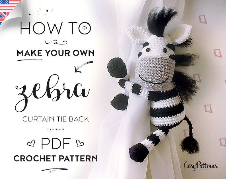 Zebra Curtain Tie Back Crochet Pattern: Amigurumi PDF (Digital Download) image 1