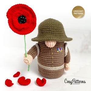Remembrance Day Soldier with poppy, Douglas the Gnome crochet PATTERN , PDF instant download amigurumi PATTERN