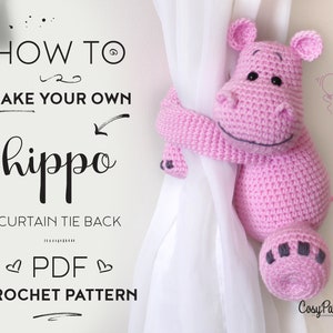 Hippo curtain tie back crochet PATTERN, tieback, left or right side crochet pattern PDF instant download amigurumi PATTERN image 1