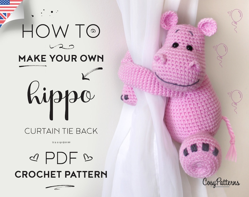 Hippo curtain tie back crochet PATTERN, tieback, left or right side crochet pattern PDF instant download amigurumi PATTERN image 1