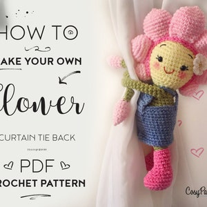 May include: A crochet flower curtain tie back pattern. The pattern includes instructions to make a pink flower with a yellow face and green stem. The flower is holding onto a white curtain. The text "HOW TO MAKE YOUR OWN flower CURTAIN TIE BACK PDF CROCHET PATTERN" is visible in the image.