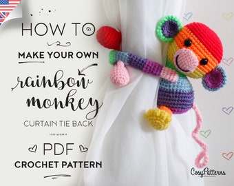 Patrón de crochet para sujetar cortinas con mono arcoíris (descarga en PDF)