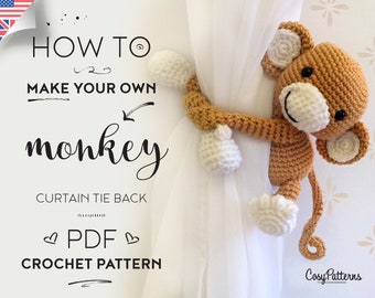 Monkey curtain tie back crochet PATTERN, tieback, left or right side crochet pattern PDF instant download amigurumi PATTERN