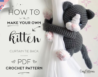 Kitten curtain tie back crochet PATTERN, cat tieback, left or right side crochet pattern PDF instant download amigurumi PATTERN