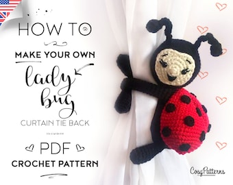 May include: A crochet pattern for making a ladybug curtain tie back. The pattern is available as a PDF download. The image shows a crocheted ladybug with black legs, red and black spots, and a white face.