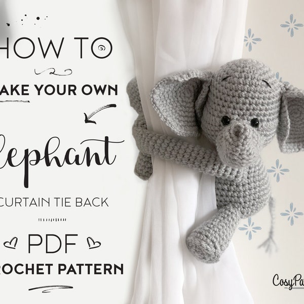 Elephant curtain tie back crochet PATTERN, tieback, left or right side crochet pattern PDF instant download amigurumi PATTERN