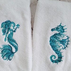 Mermaid Towel,Seahorse Towel,Mermaid Bath Towel,Seahorse Bath Towel,Mermaid Hand Towel,Seahorse Hand Towel.Embroidered Bath Towel,Ocean Bath