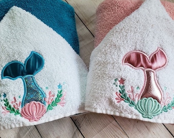 Embroidered Mermaid Tail Hooded Bath Beach Pool Towel Personalized Girls Women's Bathroom Decor