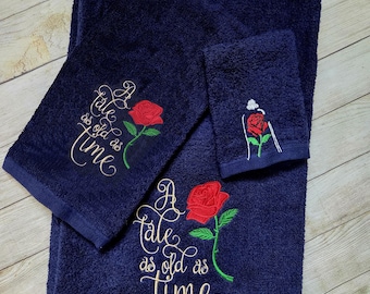 Beauty Beast Embroidered Bath Towel Set, "Tale As Old As Time" Personalized Wedding Gift