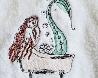 Mermaid Embroidered Bath or Hand Towel, Personalized Girls or Woman's Bathroom Decor Gift