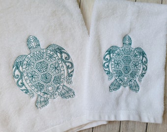 Sea Turtle Embroidered Bath or Hand Towel, Henna Design, Ocean Decor, Personalized Gift.